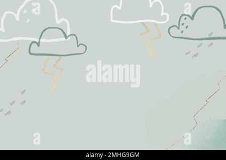 Thunder clouds background vector in green with glittery cute doodle illustration for kids Stock Vector