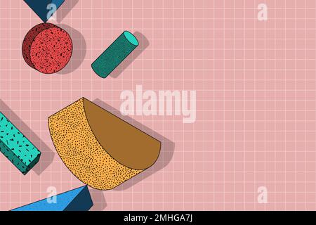 Colorful Memphis patterned on pink grid background vector Stock Vector