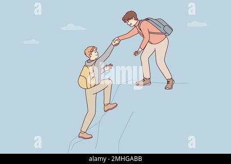 Men climbers with backpacks climb high mountain helping each other overcome difficult sections of rock. Guy extends hand to comrade who is having difficulty conquering new peaks. Flat vector design  Stock Vector