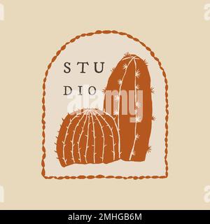 Cute cactus studio logo vector on beige background Stock Vector