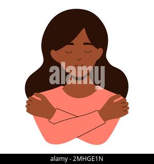 African girl hugging herself. Self care, love yourself concept body positive vector illustration. International Womens day card. Stock Vector