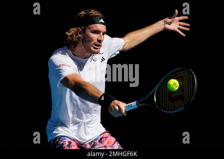 Melbourne Park 27/1/2023. Stefanos TSITSIPAS (GRE) in action during his Semifinals match at the 2023 Australian Open. corleve/Alamy Live News Stock Photo