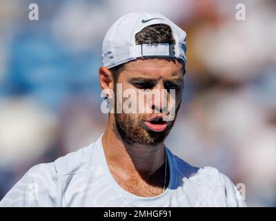 Melbourne Park 27/1/2023. Karen KHACHANOV (RUS) in action during his Semifinals match at the 2023 Australian Open. corleve/Alamy Live News Stock Photo