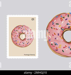 Cute pink doughnut on a postage stamp vector Stock Vector