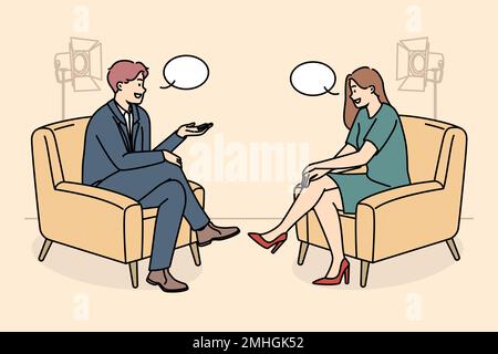 Smiling people sitting in chairs in studio filming TV program. Happy interviewer and interviewee have discussion shooting live broadcast. Vector illustration.  Stock Vector
