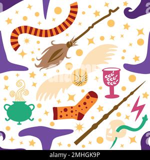 Witches school of magical objects seamless pattern in flat style. Broom, candle, skull, zipper, scarf, hat, potion, glasses knife Stock Vector