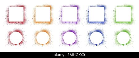 Spray paint frames, colour brush stencil graffiti borders square and round shapes. Grunge airbrush texture, inky contour forms with red green blue spl Stock Vector