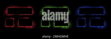 Spray paint frames, colour brush stencil graffiti borders square and rectangular shapes. Grunge airbrush texture, inky contour forms with red green bl Stock Vector