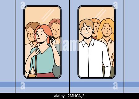 People standing behind glass in metro. Crowd near doors in subway train. Public transportation. Vector illustration.  Stock Vector