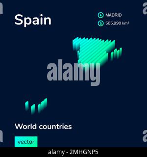 Spain 3D map. Stylized isometric neon striped Map is in green colors on the dark blue background Stock Vector