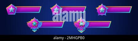 Game banners with star badges. Ranking icons of level achievement and empty title bar. Game interface elements isolated on background, vector cartoon Stock Vector