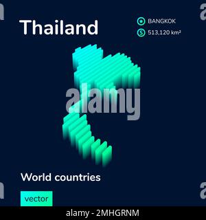 Stylized neon simple digital isometric striped vector Thailand 3D map in turquoise mint colors Stock Vector