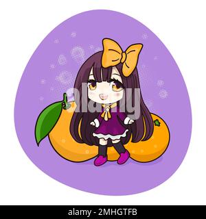 Cute and kawaii anime girl. Chibi with oranges. Stock Vector