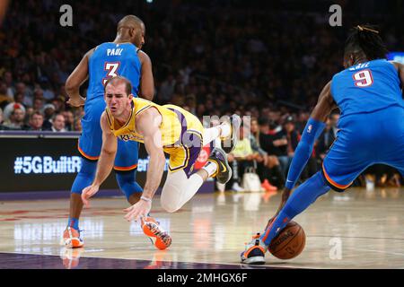 Los Angeles Lakers Alex Caruso 4 falls between Oklahoma City