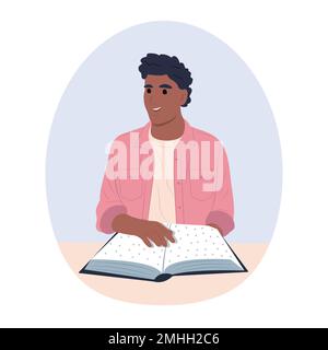 National Reading Day in America. We read together. A young smiling African American man is holding and reading a very interesting book. Stock Vector