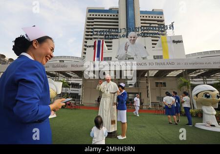 A life size statue of Pope Francis is displayed at the ground of Saint Louis  Hospital in Bangkok in preparation for Pope Francis visit in Thailand and  Japan on November 20-26. The