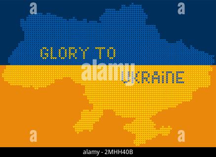 Textured Ukrainian geographical map made of knitting texture and test Glory to Ukraine in Ukrainian flag colors Stock Vector
