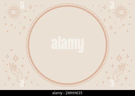Two open hands vector round frame linear style on beige background Stock Vector