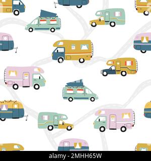 Road trip seamless pattern, doodle camper vans, vanlife, adventure - great for textiles, banners, wallpapers - vector design Stock Vector