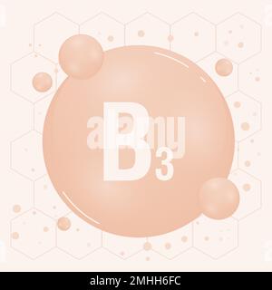 Vitamin B3 shining pill capcule icon. Vitamin complex with chemical formula, group B, niacin. Shining substance drop. Meds for heath ads. Vector Stock Vector