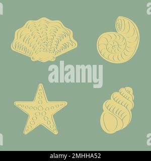 Set of hand drawing sea creatures shells and starfish in outline and flat style Stock Vector