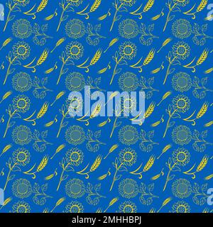 Seamless pattern with silhouettes of wheat ears and sunflowers in Ukrainian flag colors yellow and blue Stock Vector