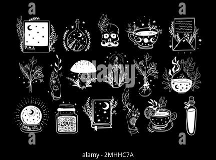 Collection of modern boho tattoos for witches, amulets. White line drawing on a black background, vintage stickers with ritual objects and plants, han Stock Vector