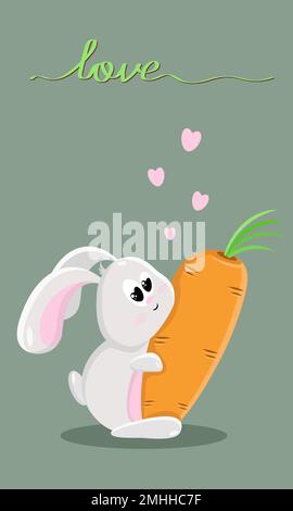A white rabbit hugging a carrot. Hearts and the inscription love . Vertical. Vector. Postcard. Stock Vector