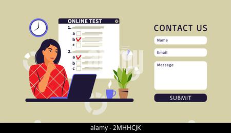 Concept online testing, e-learning, examination on computer. Contact us form. Vector illustration. Flat Stock Vector