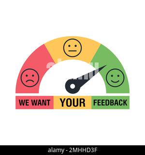 Feedback concept design, emotions scale background and banner. We want your feedback. Vector illustration Stock Vector