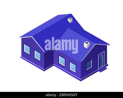 Town blue house country apartment village architecture building in isometric view with trees and garden Stock Vector