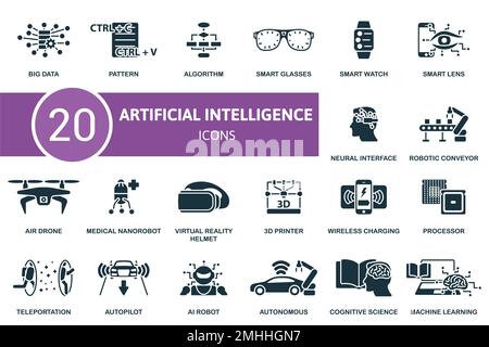 Artificial Intelligence icon set. Monochrome simple Artificial Intelligence icon collection. Big Data, Pattern, Algorithm, Smart Glasses, Smart Watch Stock Vector
