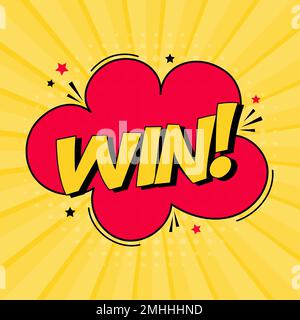 Comic speech bubble with expression text win. Vector bright dynamic cartoon illustration in retro pop art style isolated on yellow background. Vector Stock Vector
