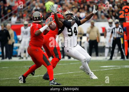 New Orleans Saints defensive end Cameron Jordan (94) leaves the field after  the saints defeated the Tampa Bay Buccaneers at the Mercedes-Benz Superdome  in New Orleans November 5, 2017. Photo by AJ