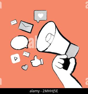 Social media advertisement megaphone vector doodle orange illustration Stock Vector
