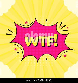 Comic speech bubble with expression text wtf. Vector bright dynamic cartoon illustration in retro pop art style isolated on yellow background. Vector Stock Vector