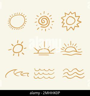 Orange summer sunset vector sticker cute doodle set Stock Vector