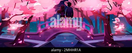 Love couple silhouettes on illuminated bridge in night urban park with blooming sakura trees. Man and woman on romantic date, admiring pink cherry blo Stock Vector