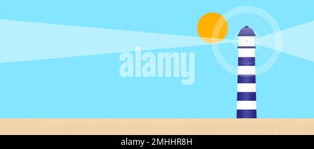 Lighthouse in beach landscape with blue sky. Copy space. Vector illustration Stock Vector