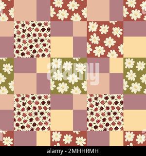 Seamless pattern with decorative flowers on a checkered background. Patchwork raster pattern. Floral green and red patches print Stock Photo