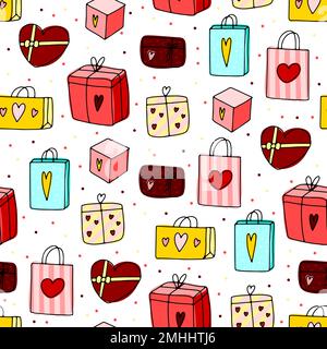 Cute doodle Gifts seamless pattern. Hand-drawn presents bag on white dots background. Heart, stripes, surprise packages. Holiday, Valentines Day, Birt Stock Vector
