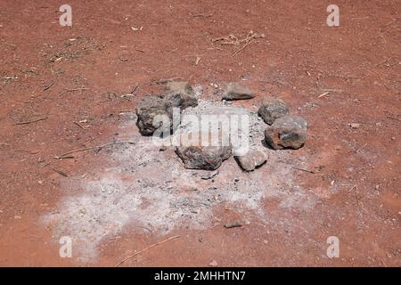 traces of an old fire in the open air campfire fire burning in campsite in beautiful nature Stock Photo