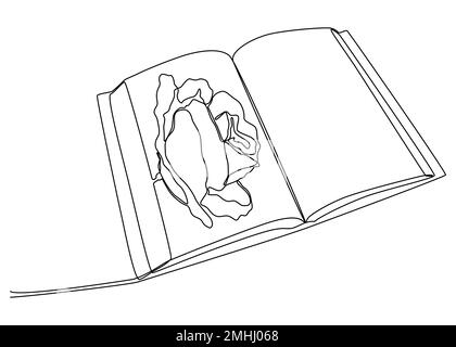 One continuous line of opened Book with Rose. Thin Line Illustration vector concept. Contour Drawing Creative ideas. Stock Vector