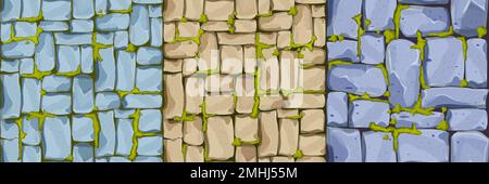 Set Stone wall, pavement from bricks, rocks with moss , game background in cartoon style, seamless textured surface. Ui game asset, road or floor material. Vector illustration Stock Vector