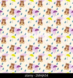 Seamless pattern with cute brown teddy bear and umbrella on light background Stock Vector