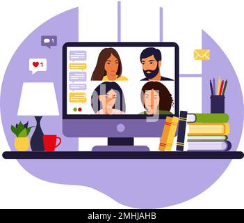 Video meeting of people group. Online meeting via video conference. Remote work, technology concept. Vector illustration in flat style. Stock Vector