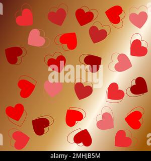 Romantic composition with double contoured hearts on bronze gradient background Stock Vector