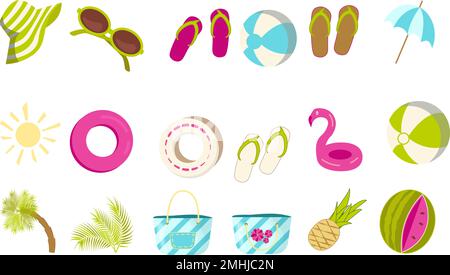Clipart with icon pack of summer beach vacation accessories: flip flops, beach bag, palm tree, inflatable ring, pink flamingo, sunglasses, beach umbre Stock Vector