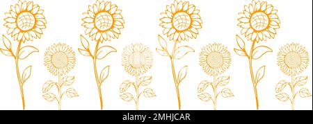 Graphical border with silhouettes of sunflowers colored in yellow on transparent background Stock Vector