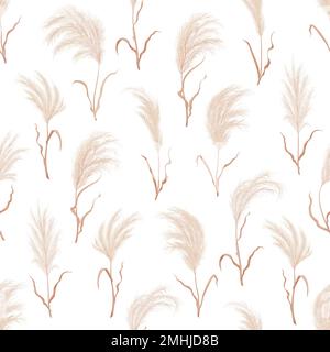 Pampas grass seamless pattern background of dry boho flower plants, vector floral feather plume blossoms. Pampas grass background with leaves or reed pattern, Japanese wreath plant or dried flowers Stock Vector